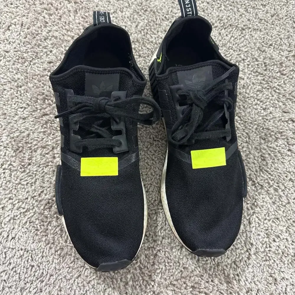 Adidas NMD R1 Boost Black Solar‎ Yellow Mens Size 12 Running Shoes Sneakers EUC